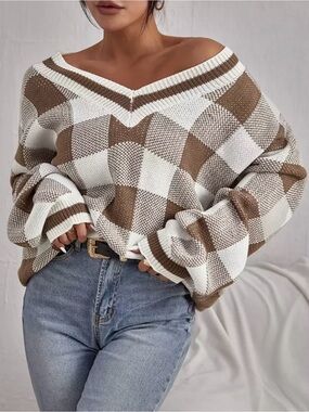 SHEIN Cream & Brown Checkered Off-Shoulder V-Neck Sweater